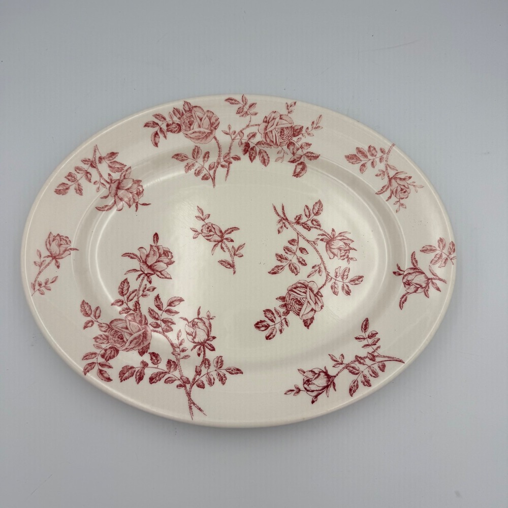 Churchill England Red Rose Floral Oval Serving Platter Cream Earthenware 12in